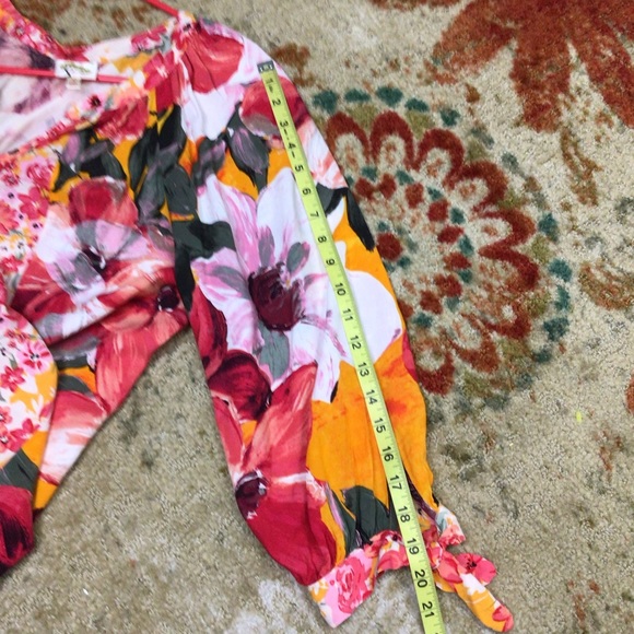 Fig & Flower Red Orange Floral Blouse Tie balloon Sleeves Boho pretty rayon L. - Picture 5 of 11